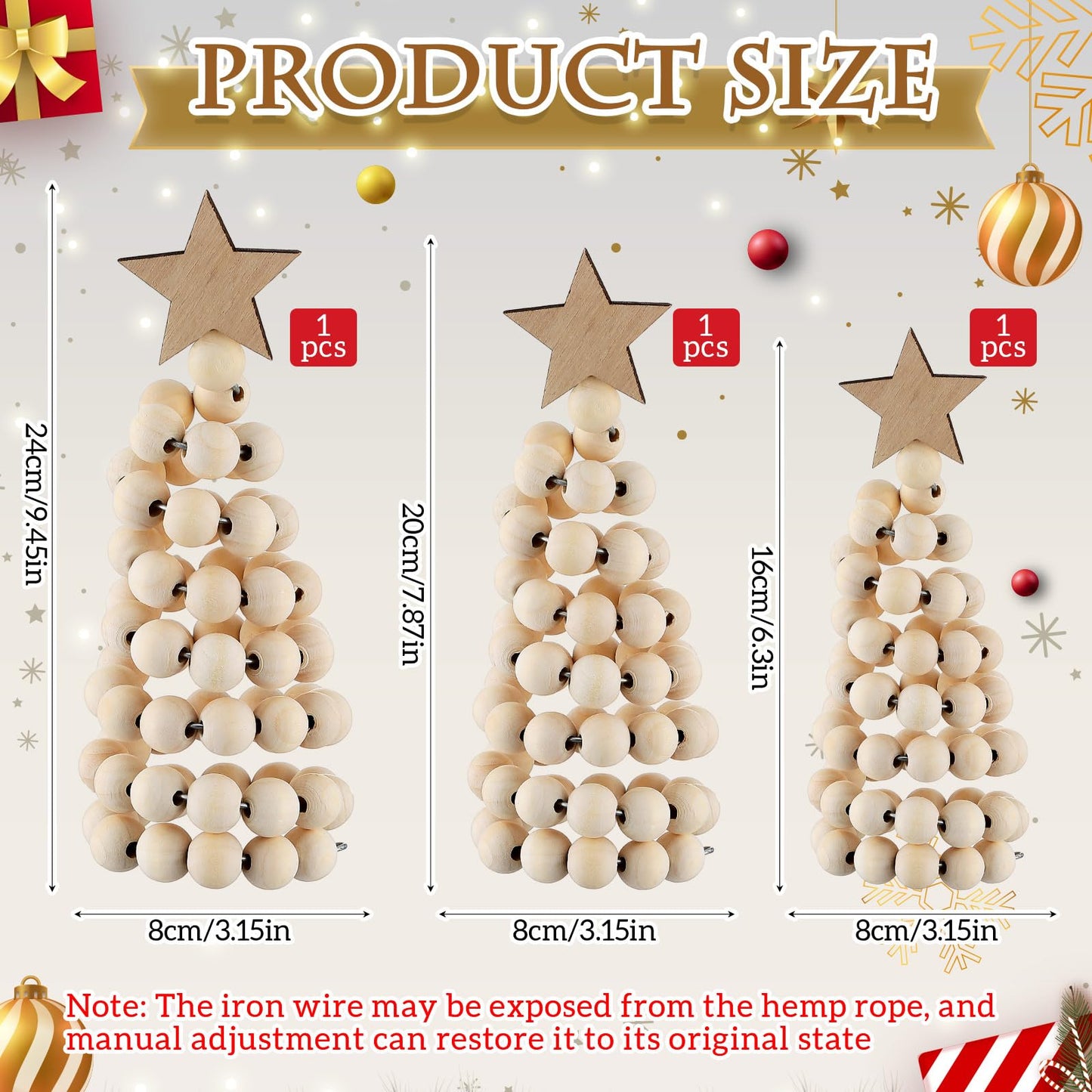 Thyle 3 Pcs Christmas Tree Decor 3 Sizes 6/8/10 Inch Small Boho Artificial Christmas Tree Tabletop Decor for Home Shelf Mantel Fireplace Table Party Supplies(Bead Style,Wood)