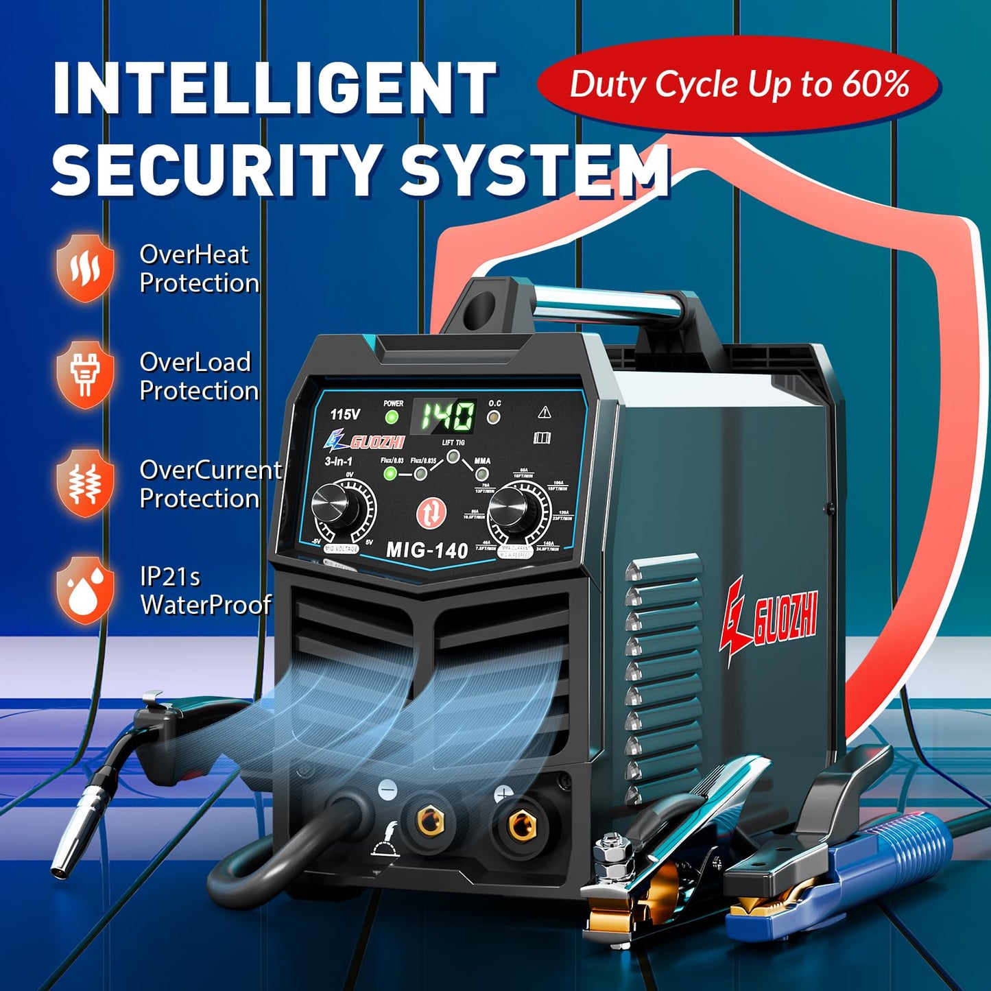 GZ GUOZHI 140A MIG Welder, 3 in 1 Welder FLUX MIG/ARC/Lift TIG Multi-Process Mig Welder, 110V Welding Machine, Welder Machine 110v Flux Core Welder with Welding Gun