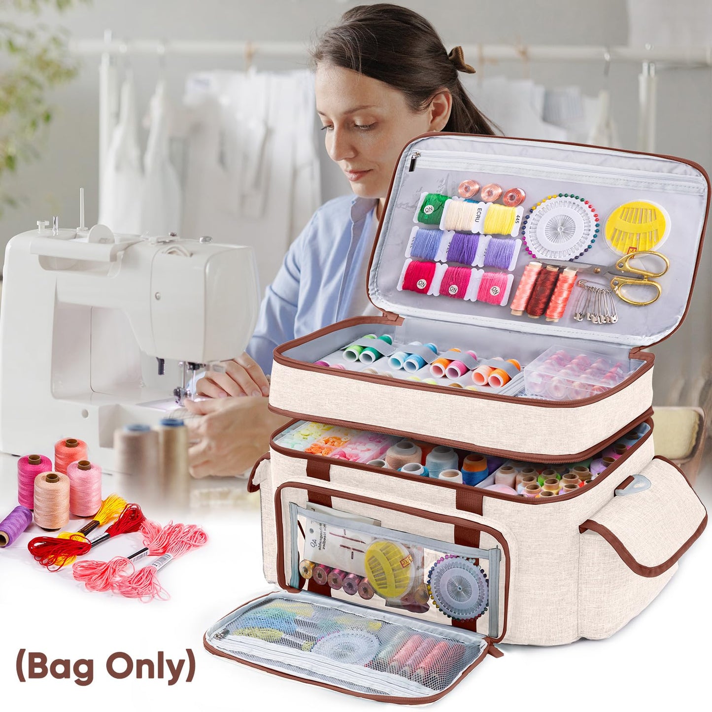 AMOIGEE Large 15" Double-Layer Sewing Storage Bag with Detachable Diviers – Large Sewing Organizer with Shoulder Strap, Elastic Loops for Sewing Supplies, Tools & Accessories