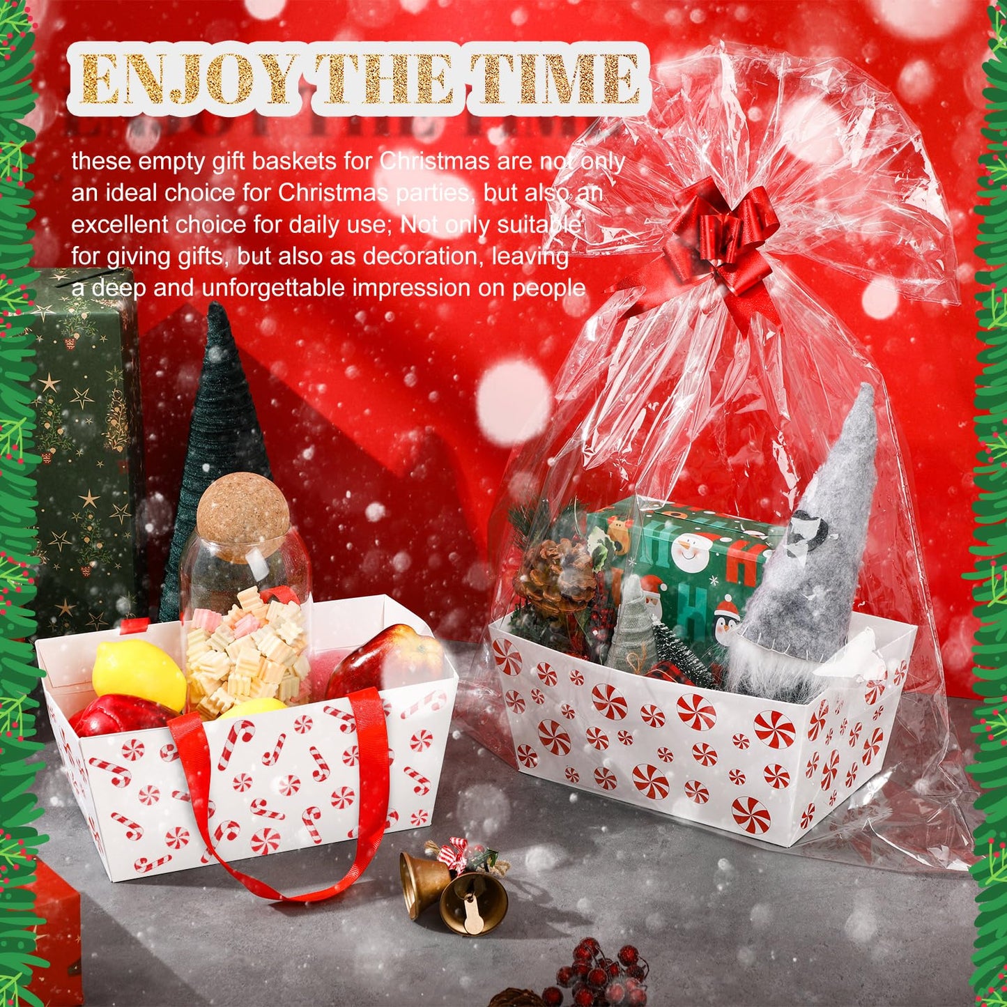 Moinchore 12 Pcs Christmas Basket for Gifts Empty 9.8 x 6.5'' Candy Cane Market Tray Red Cardboard Basket with Bows, Plastic Bags, Twist Ties, Empty to Fill for Holiday Birthday Xmas Party Favor