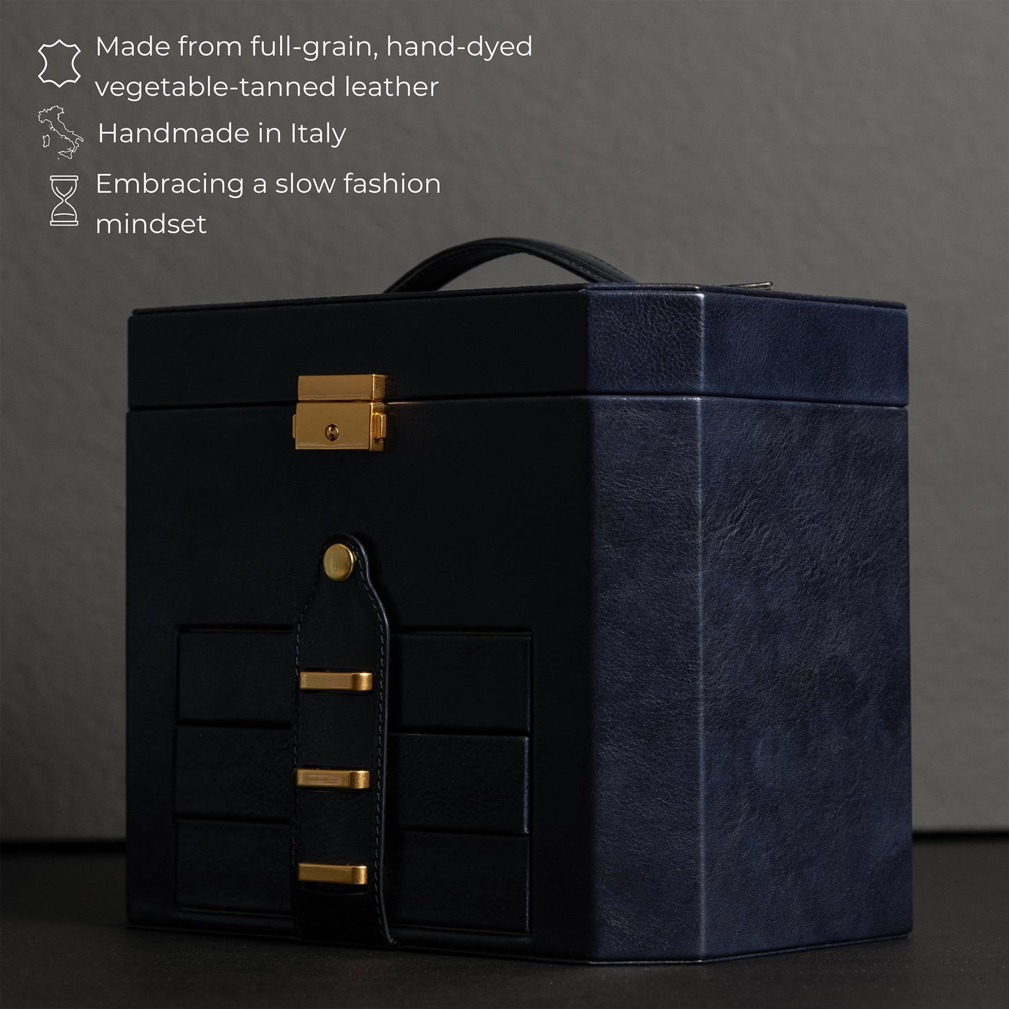 Time Resistance Leather Jewelry Box - Full Grain Leather Jewellery Organizer - Lock Box for Women (Blue)