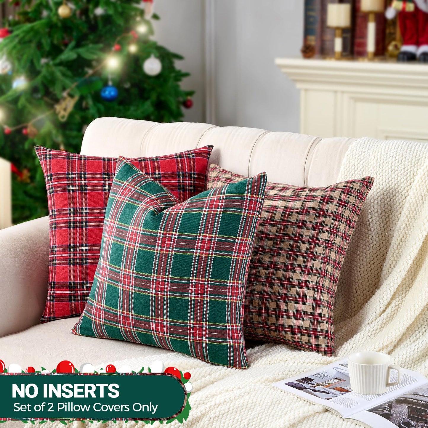 Green Tartan Plaid Christmas Decorative Throw Pillow Covers 18x18 Set of 2, Green Farmhouse Christmas Decor Buffalo Plaid Pillows for Couch & Living Room, Traditional Country Xmas Decorations