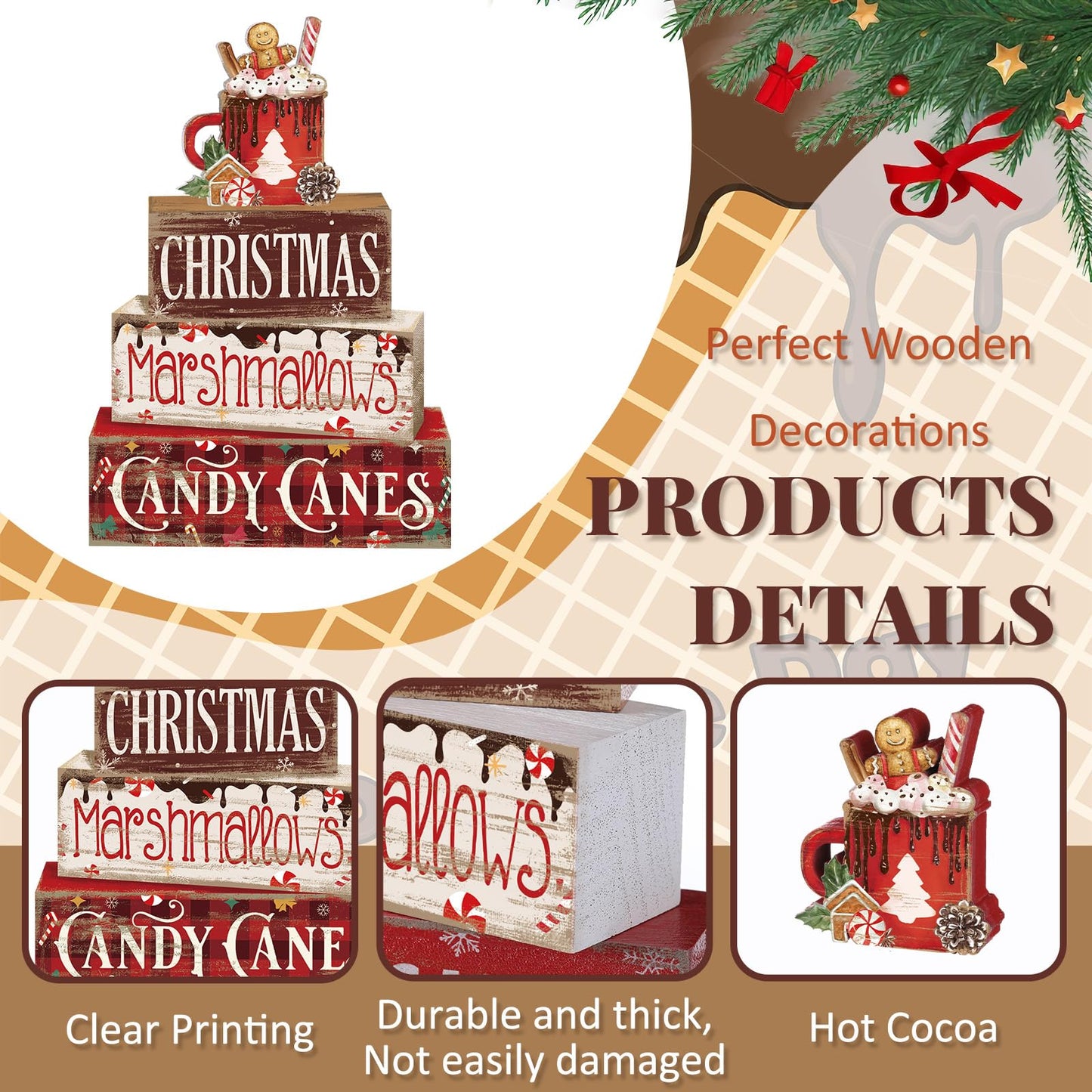 Moucuny 4 Pcs Christmas Hot Cocoa Table Decor Christmas Wooden Decorative Signage Hot Cocoa Tiered Tray Decor Xmas Centerpieces Farmhouse Wooden Block Set Xmas Table Sign for Home
