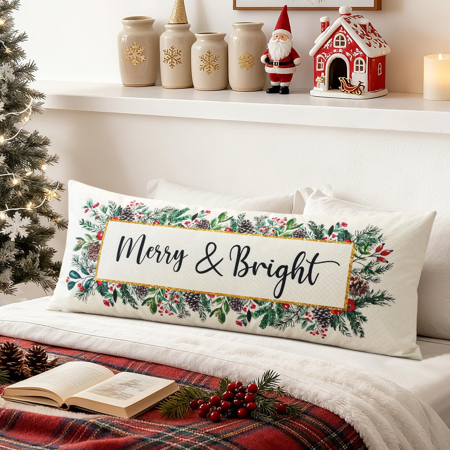 OTOSTAR Merry Bright Christmas Decor Pillow Cover 14x36 Inch Extra Long Lumbar Decorative Throw Pillow Case Eucalyptus Mistletoe Winter Holiday Cushion Cover for Couch Bed Sofa Decor (Merry & Bright)