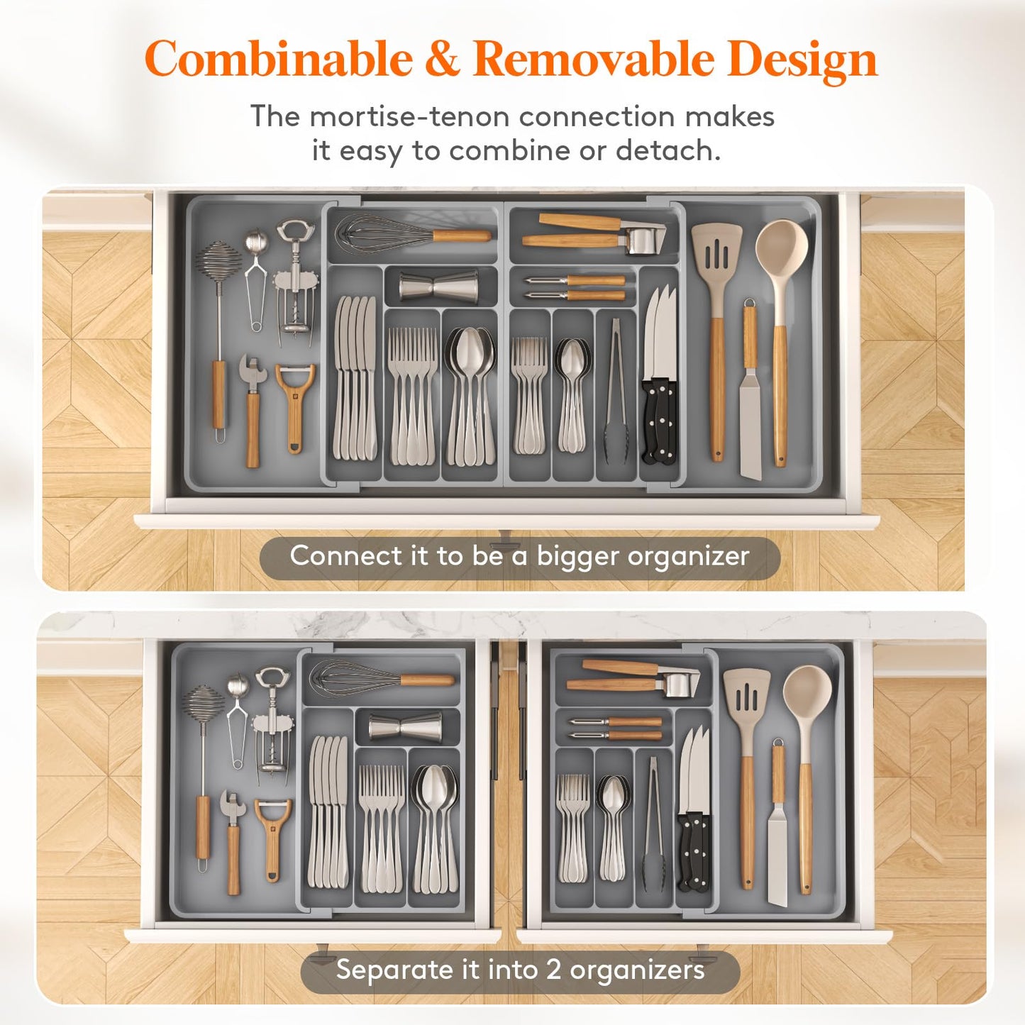 Lifewit Large Silverware Drawer Organizer, Expandable From 21 to 36 Inches, BPA Free Plastic Utensil Tray for Kitchen, Adjustable Flatware and Cutlery Holder for Spoons Forks Knives, Black