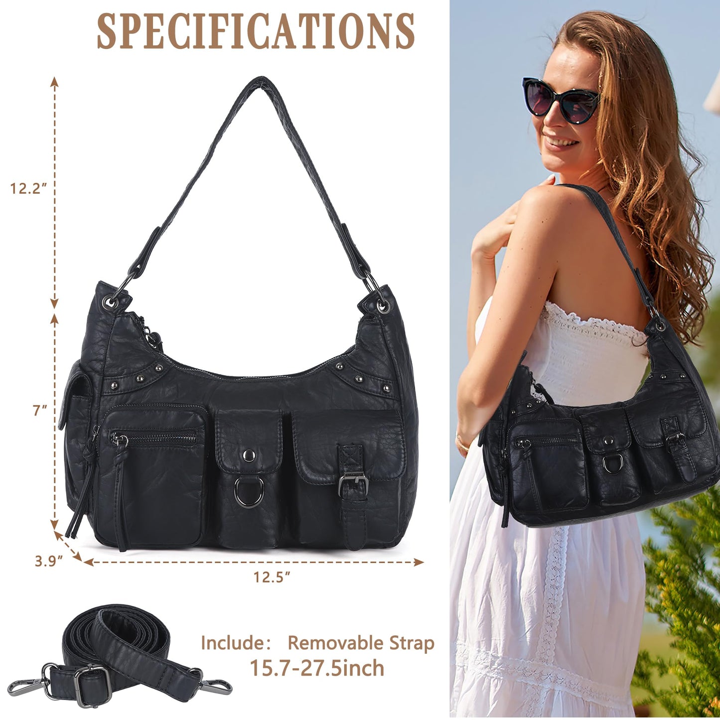 Angel Kiss Hobo Bag for Women Small, Soft Vegan Leather Shoulder Purses and Handbag with Multi-Pocket, Retro Tote Bag Crossbody with Top-Handle and Removable Strap,Black