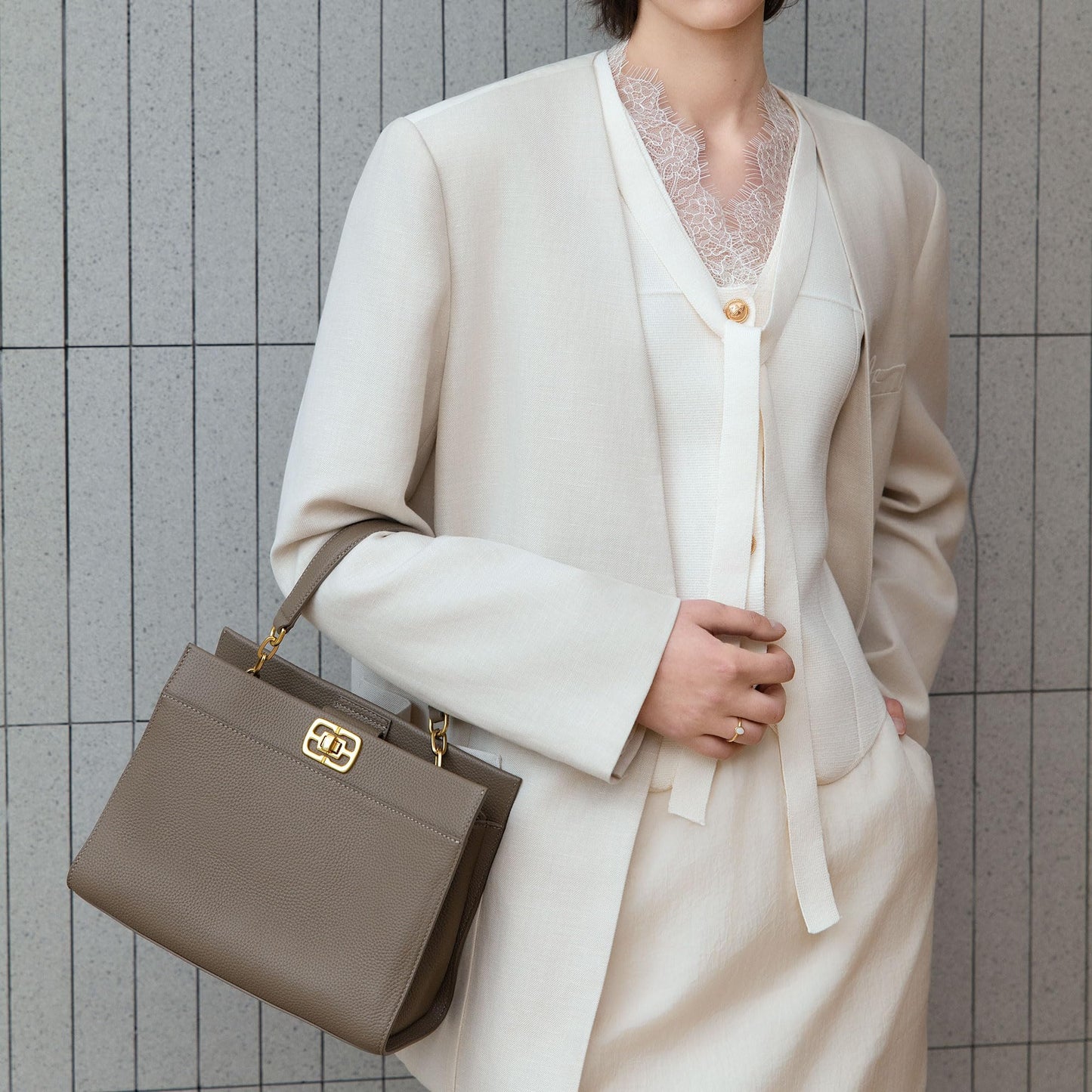 ELLE Women's Structured Full Grain Leather Top Handle Bag with Detachable Strap