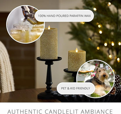 Luminara Rich Gold Glitter Ribbed Flameless LED Candle Moving Flame Pillar, Real Wax, Flat Top, Timer (3.25" x 4.5")