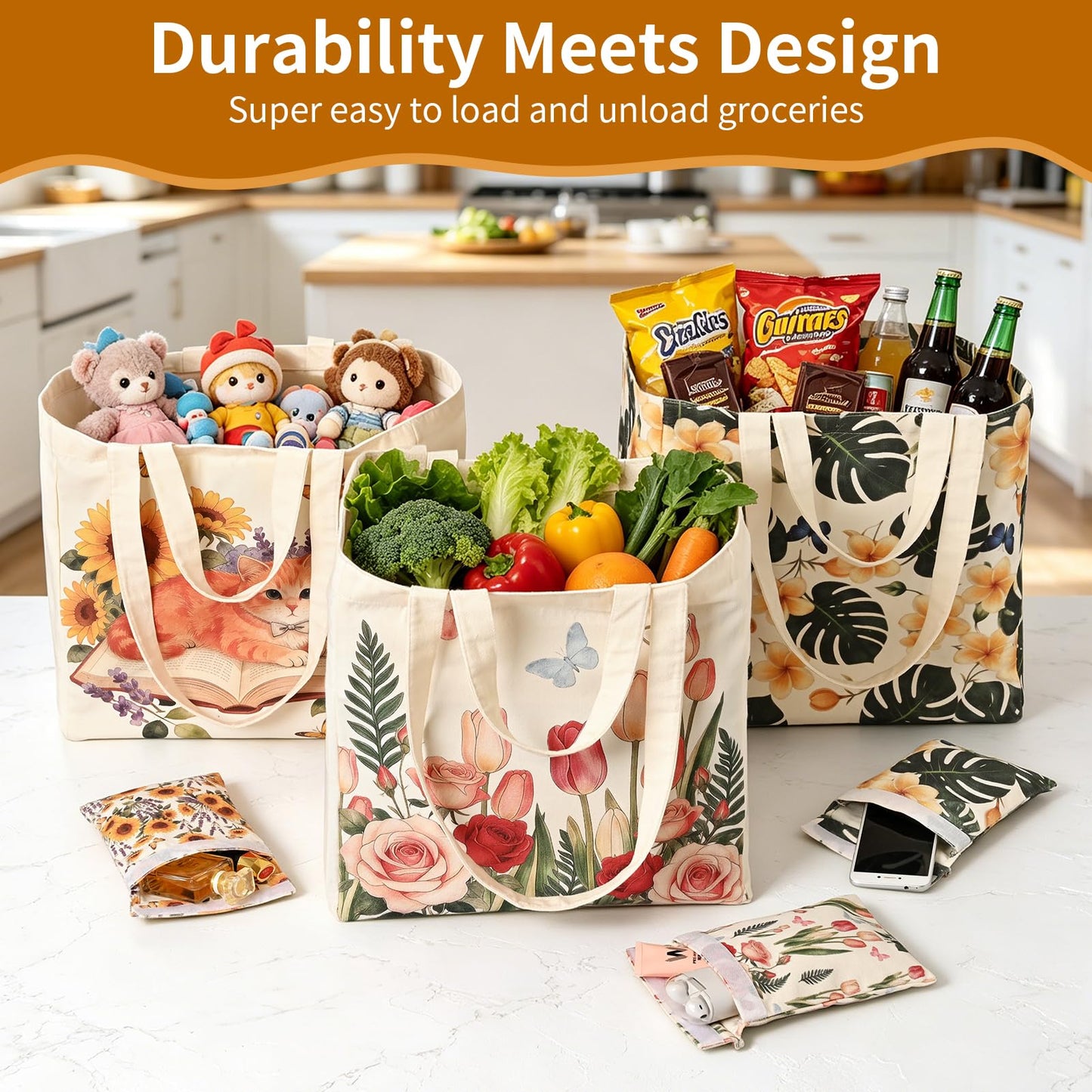 KIDJFGG Large Canvas Grocery Tote Bag, 3 Pack Heavy Duty Cotton Canvas Totes with Removable Bottom Support & Small Storage Pouch, Washable, 2 Handles Reusable Grocery Bags for Shopping, Women's Gift