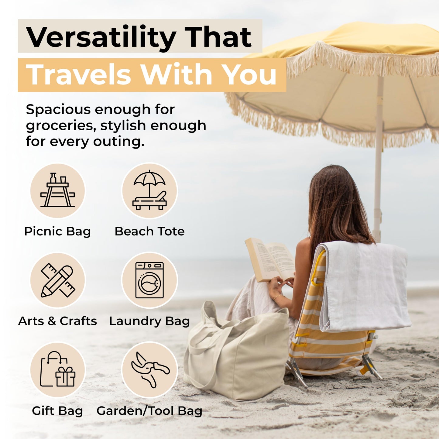 VeraMia 3pc Canvas Grocery Bags with Pockets, Shoulder Straps - Foldable, Washable Heavy Duty Tote