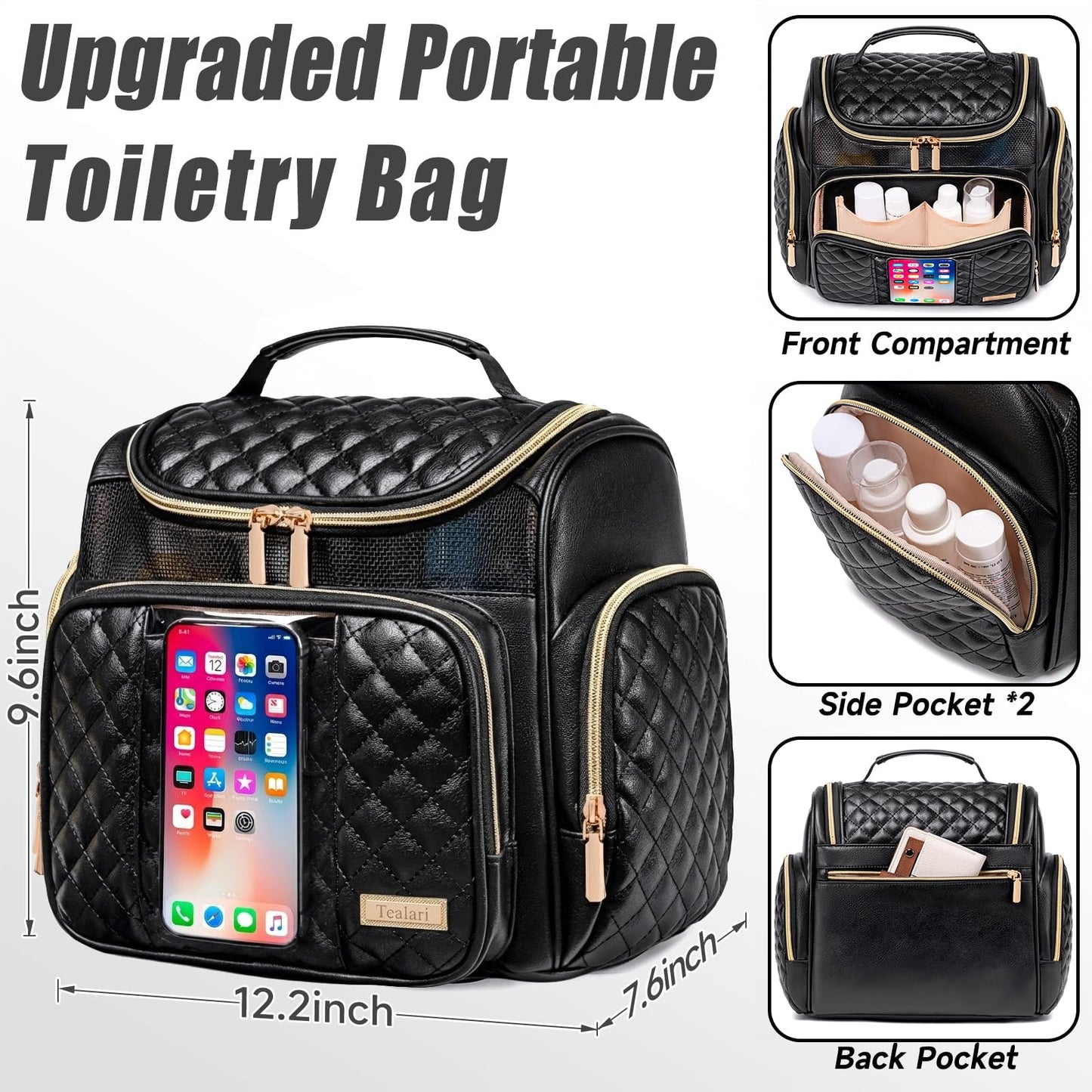 Large Leather Toiletry Bag for Women Men,Bathroom Bag,Water Resistant Shower Bag,Makeup Bag,Portable Shower Caddy for College Dorm,Hanging Travel Toiletry Bag with Transparent Waterproof Phone Pocket