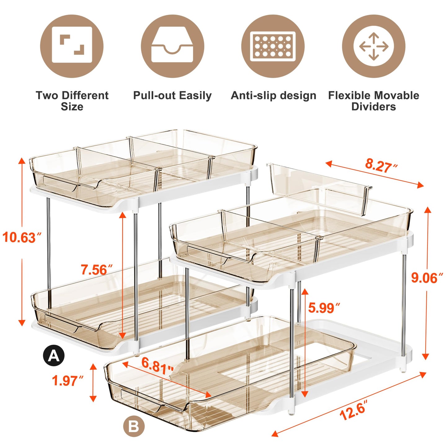 Delamu 2-Tier Multi-Purpose Bathroom Under Sink Organizers and Storage, Stackable Kitchen Pantry Organization, Pull Out Medicine Cabinet Organizer with Movable Dividers, White, 2 Pack