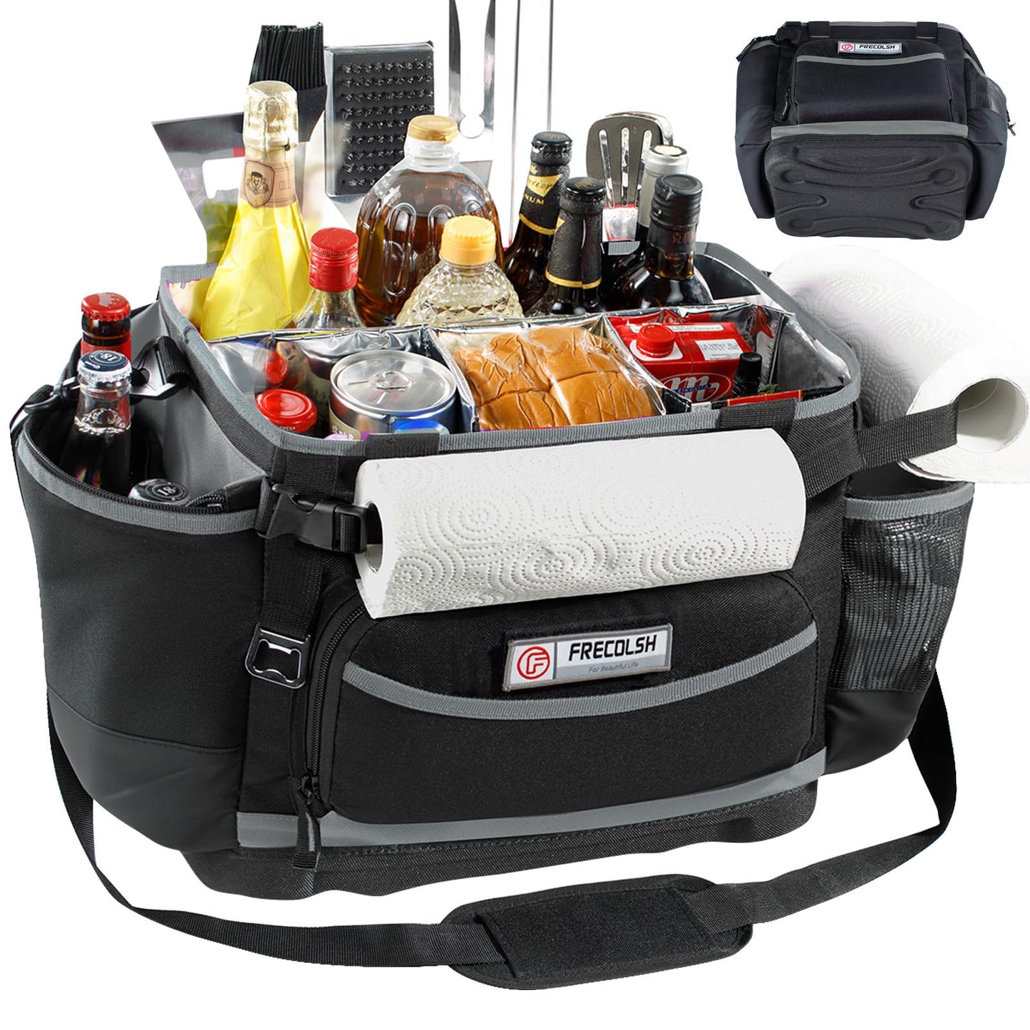 FRECOLSH Large BBQ Organizer with Molded Hard Base, Compatible with Blackstone Outdoor Utensil Bag for Camping, Picnic & Tailgating, Portable Cooking Accessories Tote, Gift for Men