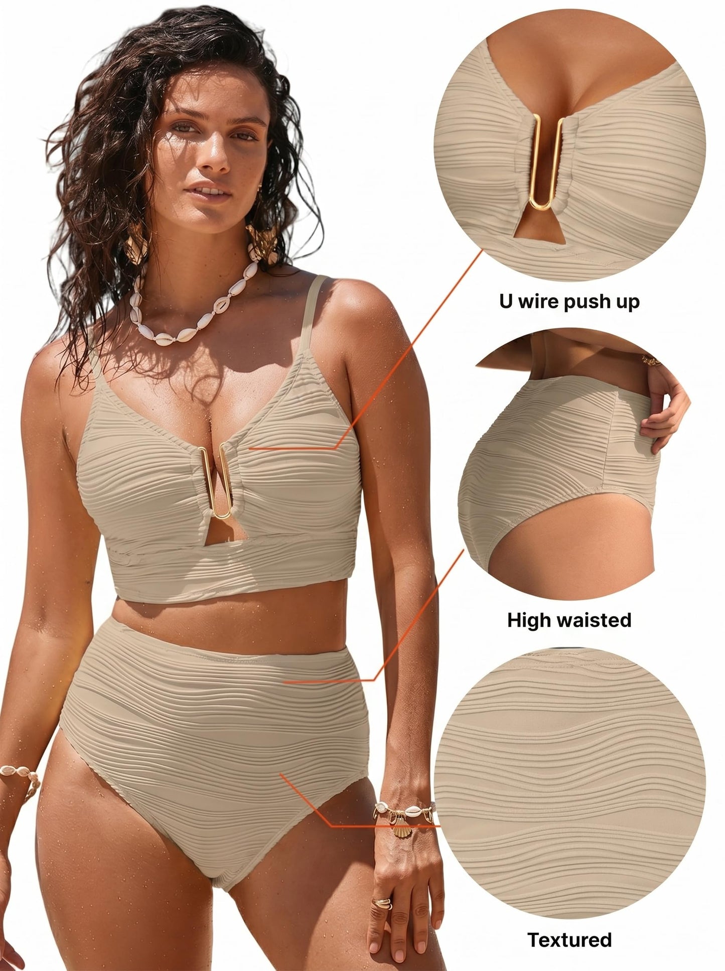 Herseas Metal U-Wired Bikini Set for Women Spaghetti Straps Bathing Suit High Cut Out 2 Piece Tummy Control Curvy Swimsuit Summer Beach Outfits Swimwear Apricot X-Small