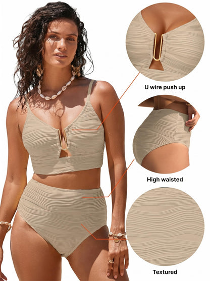 Herseas Metal U-Wired Bikini Set for Women Spaghetti Straps Bathing Suit High Cut Out 2 Piece Tummy Control Curvy Swimsuit Summer Beach Outfits Swimwear Apricot X-Small