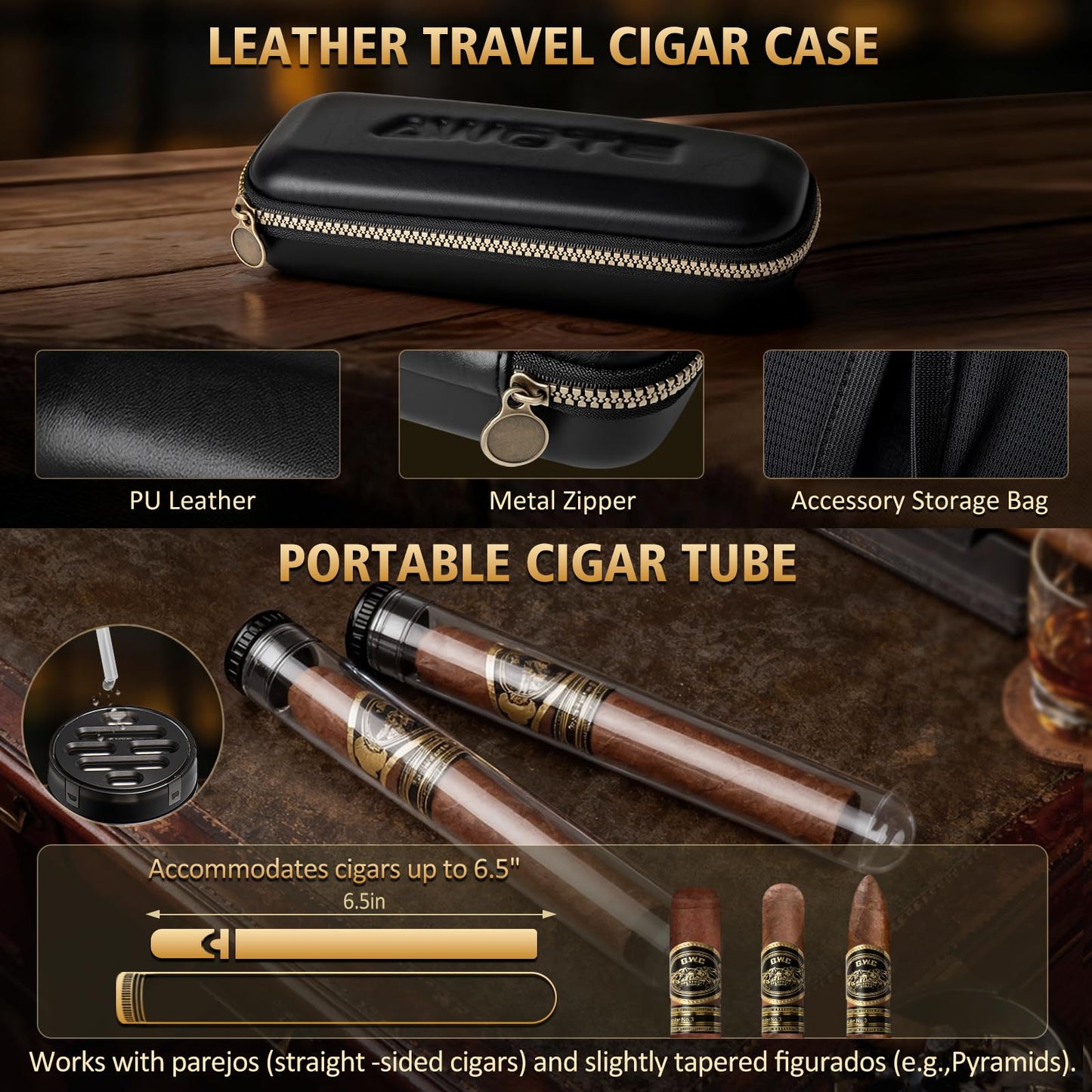 AWOTE Cigar Humidor with Digital Hygrometer and 2 Humidifiers, Cedar Wood Cigar Humidor Box with Drawer, Travel Cigar Case and Cigar Tubes, Desktop Humidor Box Gifts Cigar Accessories (Black)