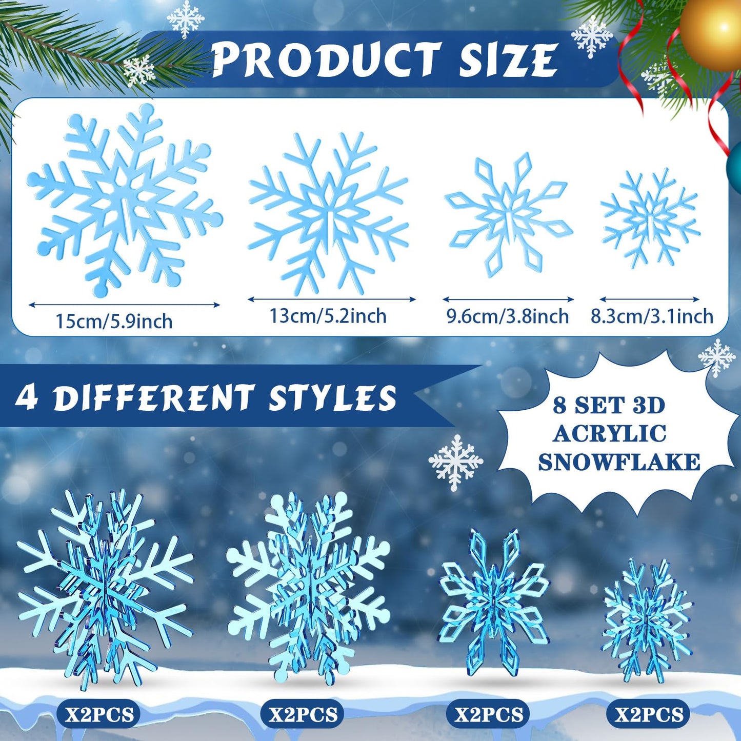 Yousoontic Set of 8 Winter 3D Acrylic Snowflake 16 Pcs Acrylic Snowflake Table Decorations Tabletop Centerpiece for Winter Party Wedding New Year(Blue)