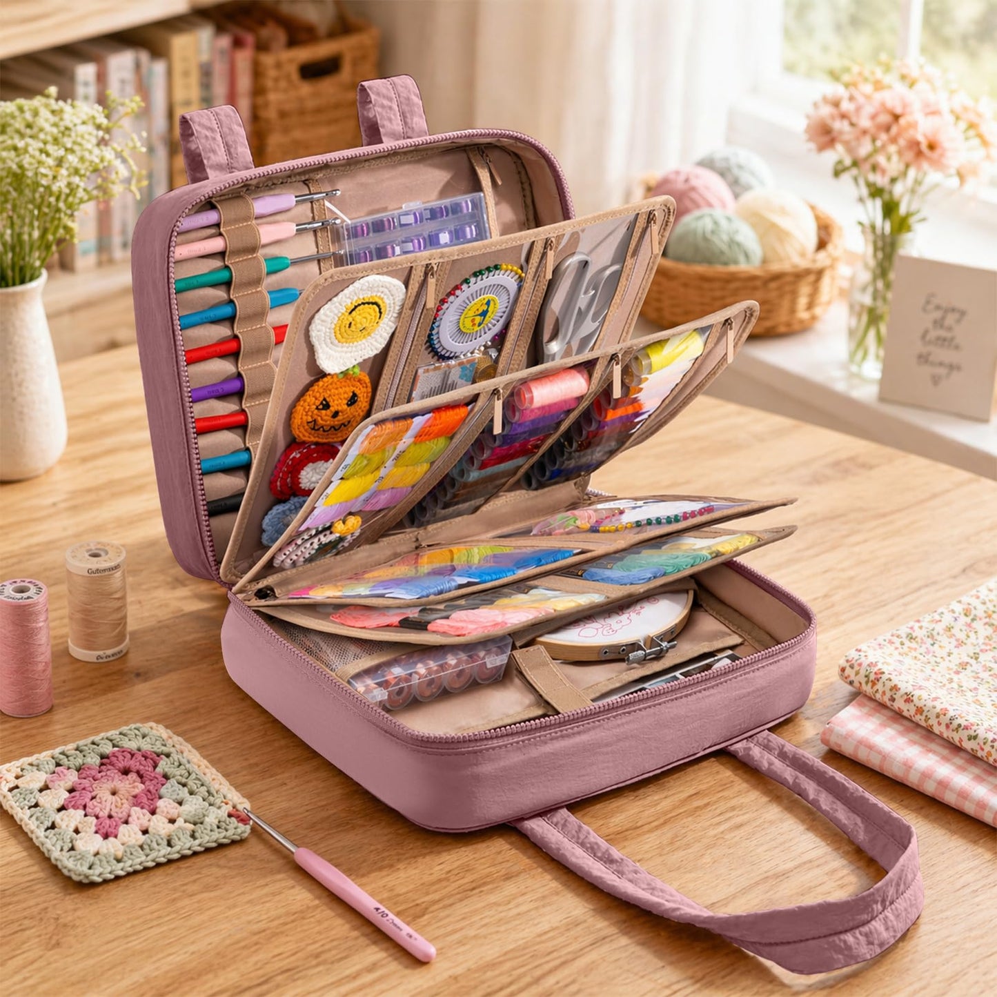 AMOIGEE Sewing Supplies Organizer Bag, Large Craft Storage Tote with 17 Clear Pockets&Tool Holders, Portable Crochet Knitting Embroidery Organizer Case for Threads, Hooks, Needles & Sewing Accessories