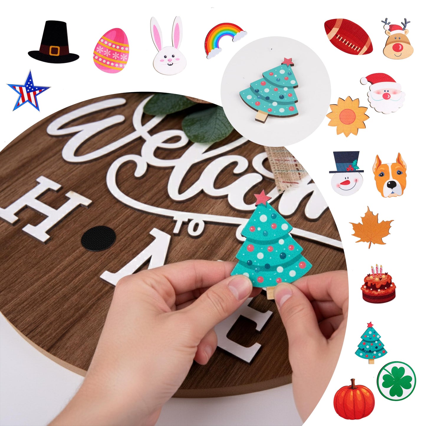 CondorPasea Interchangeable Welcome Door Sign with 16 Different Replaceable Patterns - 12" Round 3D Rustic Wooden Front Porch Decor, Artificial Leaves & Rustic Beads, Farmhouse/Classroom All Seasons Holiday (Christmas Halloween) Welcome Home Hanging Sign