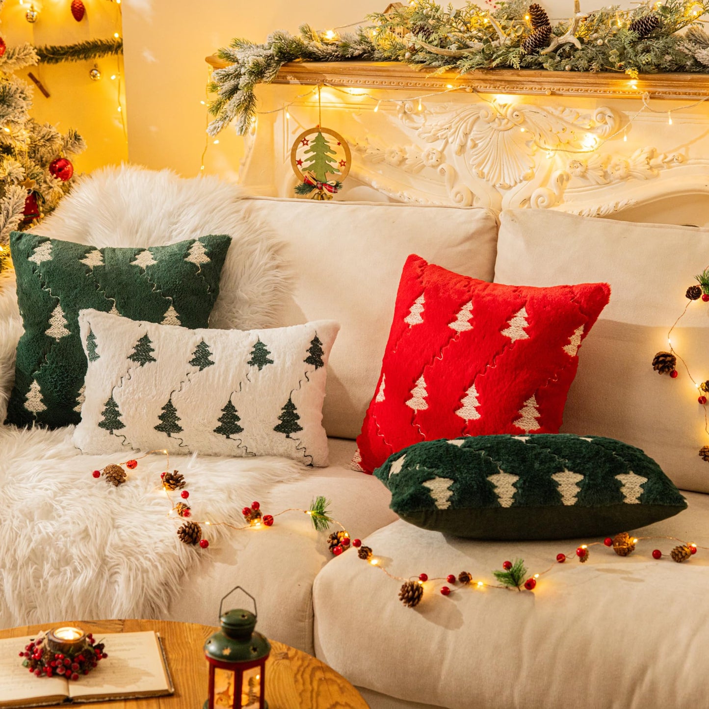 AQOTHES Christmas Tree Embroidered Green Throw Pillows Cover 18x18 Inch, Set of 2 Packs Winter Soft Fluffy Decorative Throw Pillows Covers Decor for Home Sofa Couch Bed Room