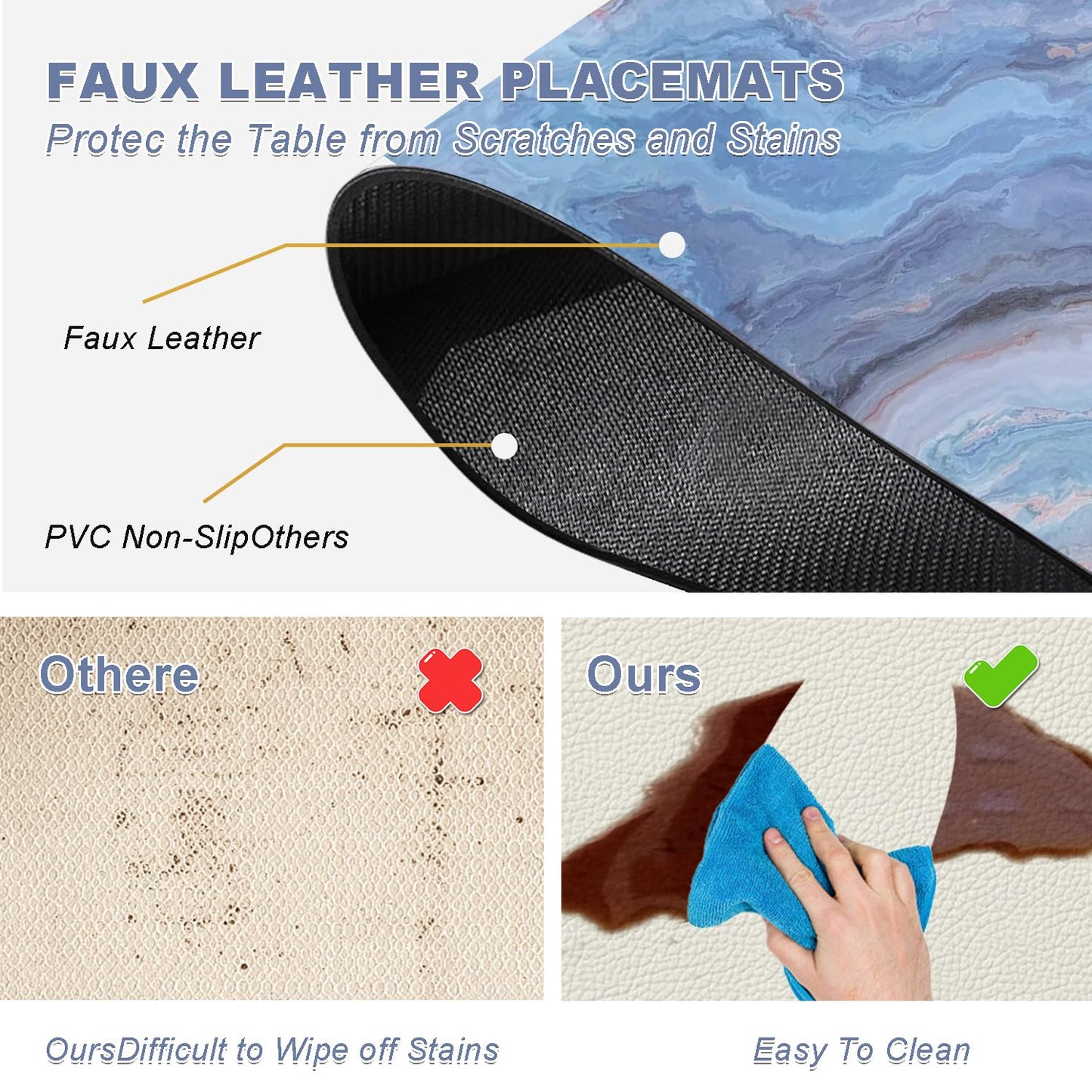 Marble Faux Leather Placemats Set of 4 - Heat Resistant Placemats for Dinner Table, Non-Slip Waterproof Oil-Proof Washable Reusable Placemat for Indoor Outdoor Kitchen Decor, 15.75In*11.81In