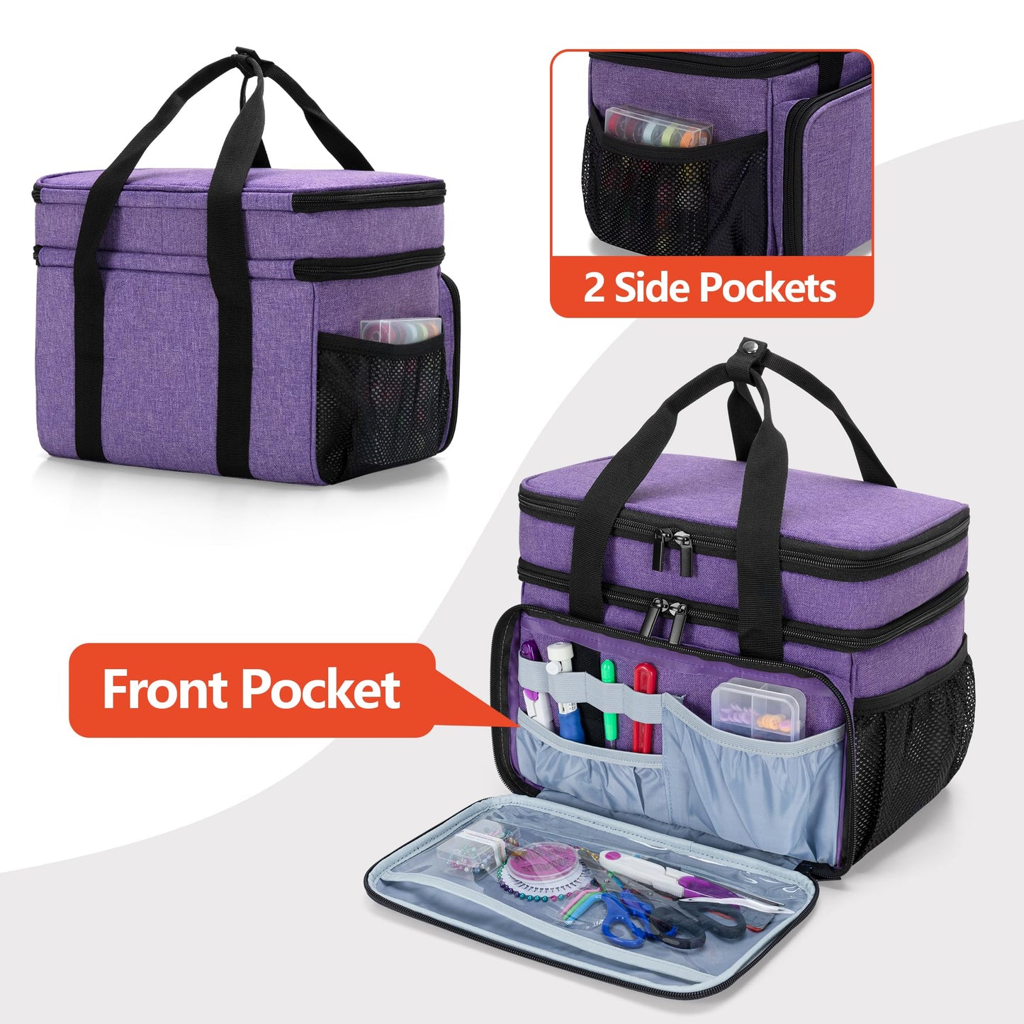 LUXJA Large Sewing Organizer with Many Compartments, 2 Layers Sewing Storage Bag with Varisized Pockets for Sewing and Crafting Supplies (Bag Only), Purple