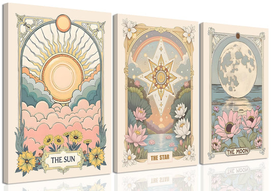 3Pcs Sun Moon And Star Celestial Canvas Wall Art Vintage Tarot Astrology Wall Decor Sun Flower and Full Moon Lotus Rainbow Poster Prints Picture for Bthroom Bedroom Living Room 16x24 inch Framed