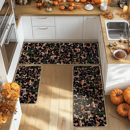 Artoid Mode Black Mushrooms Butterfly Spring Kitchen Mats Set of 3, Home Decor Low-Profile Kitchen Rugs for Floor - 24"x35"+24"x59"+24"x72"