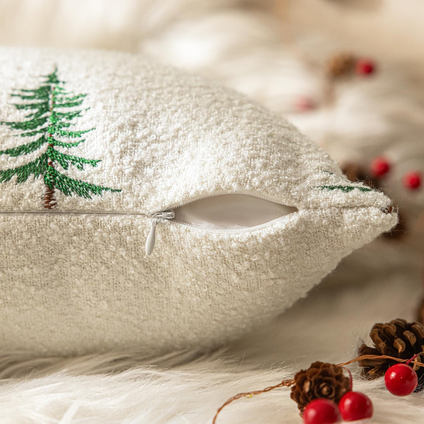SINYASAN 1 Pack Christmas Tree Throw Pillow Covers 18"x18" White Boucle Pillow Cases with 3D Embroidery Decorative Holiday Winter Thanksgiving Decorations for Couch Sofa Living Room