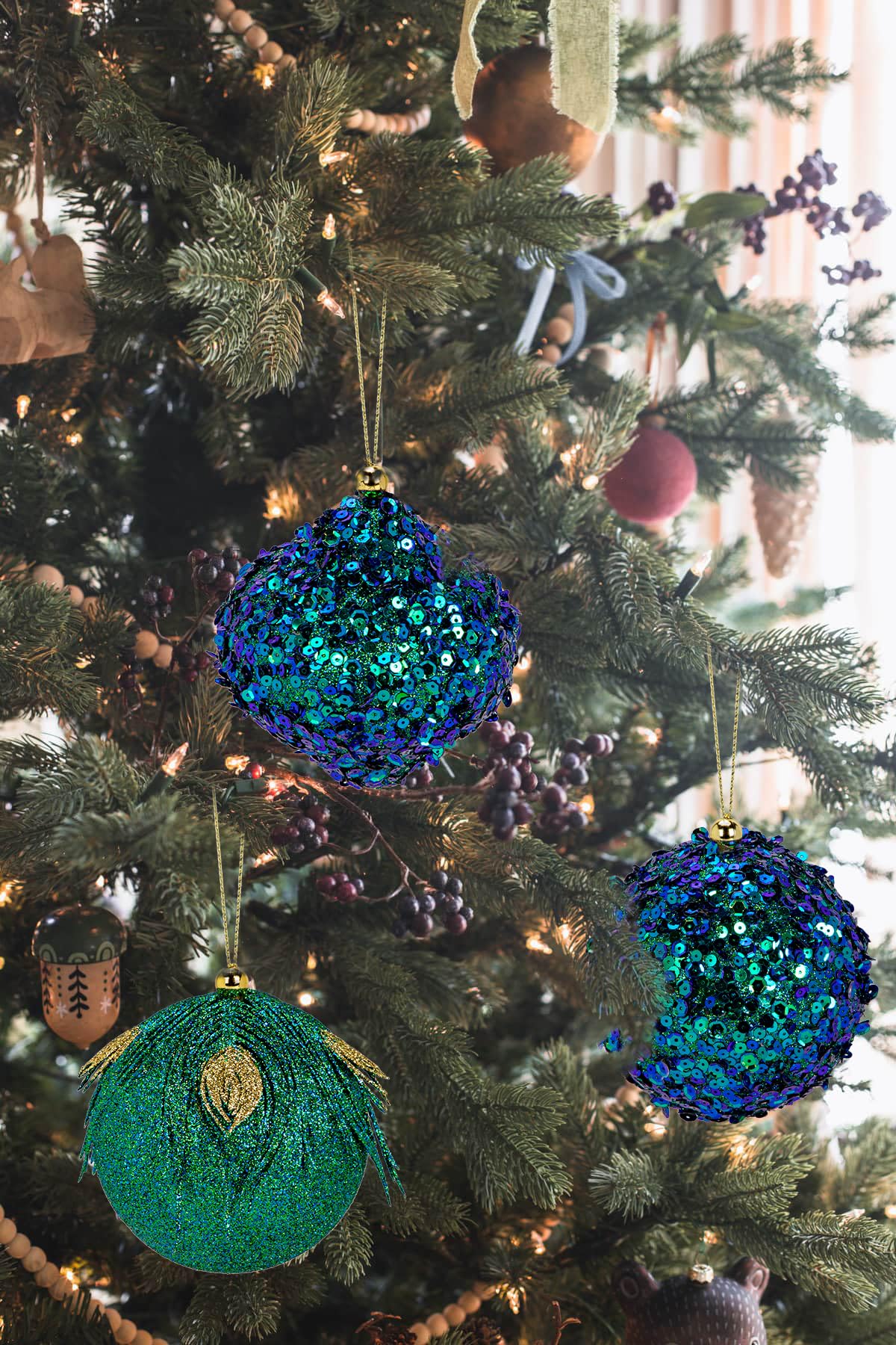 Briful 3.93'' Christmas Ball Ornaments Xmas Tree Decorations, Elegant Peacock Blue Christmas Ornaments for Home Decor Indoor Garland Holidays – Set of 3 Unique Designs