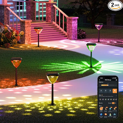 Linkind Smart Solar Pathway Lights SP6C, APP Control Solar Lights Outdoor Waterproof with 5 Swappable Lenses Landscape Lighting, Color Changing Garden Decor for Yard, Patio, Driveway(2 Pack)