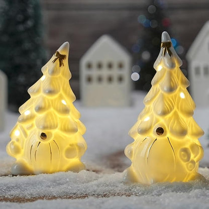 Lighted Christmas Gnome Decoration, 2Pcs White Gnomes Ceramic Christmas Tree with Gold Trims, Small Light Up Gnome Figurines for Prelit Xmas Holiday Table Fireplace Decor