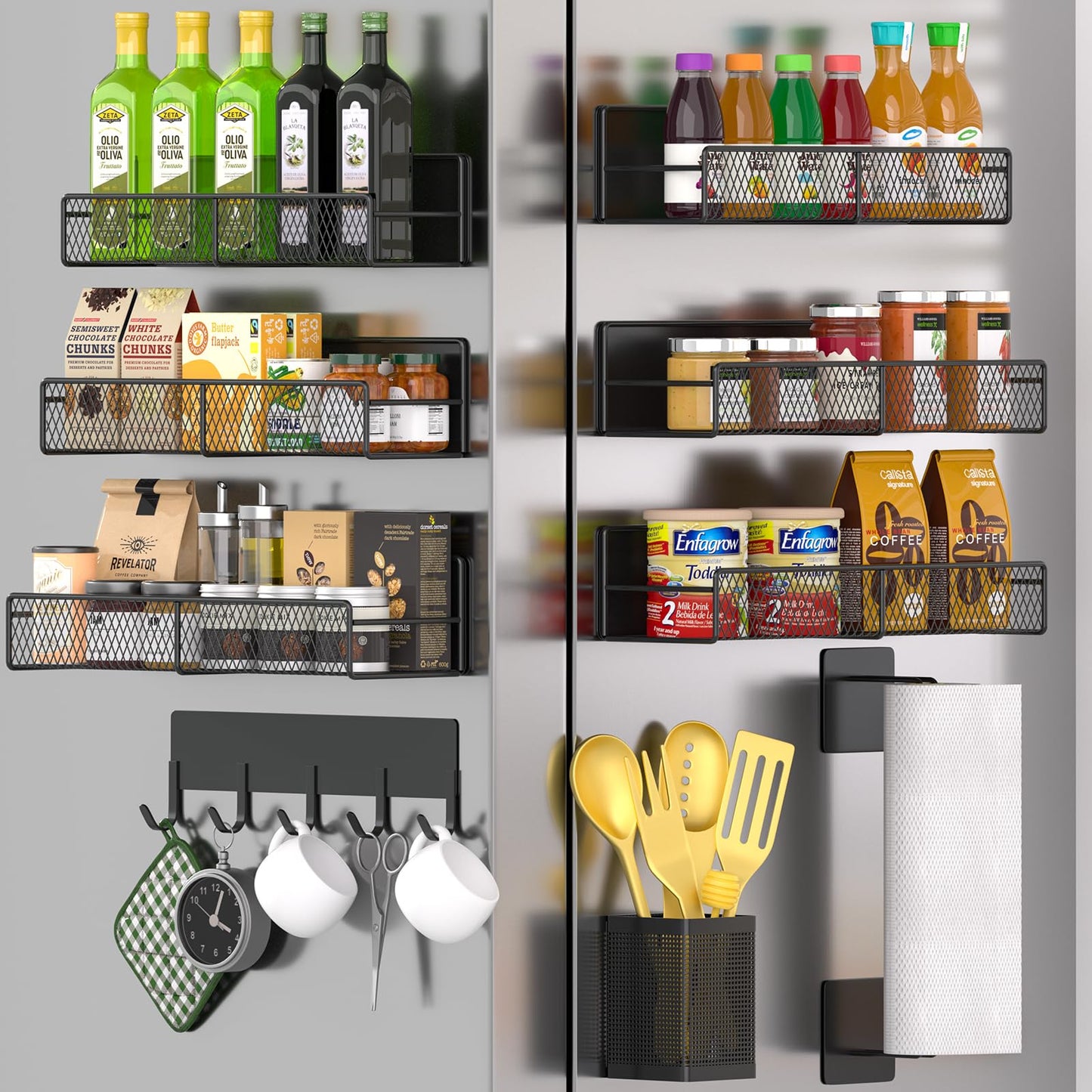 Magnetic Spice Rack for Refrigerator, 6 Pack 100% Metal Strong Magnet Shelf, Space Saving Spice Organizer, Home Kitchen Laundry Room Storage Organization W/ Paper Towel Holder, Utensils Racks (Grey)