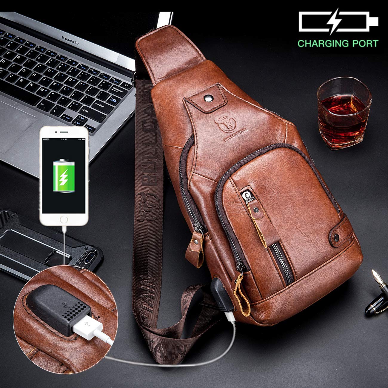 BULLCAPTAIN Genuine Leather Sling Bag with USB Charging Port Multi-pocket Chest Bag for Men Hiking Travel Daypack XB-129(Brown)