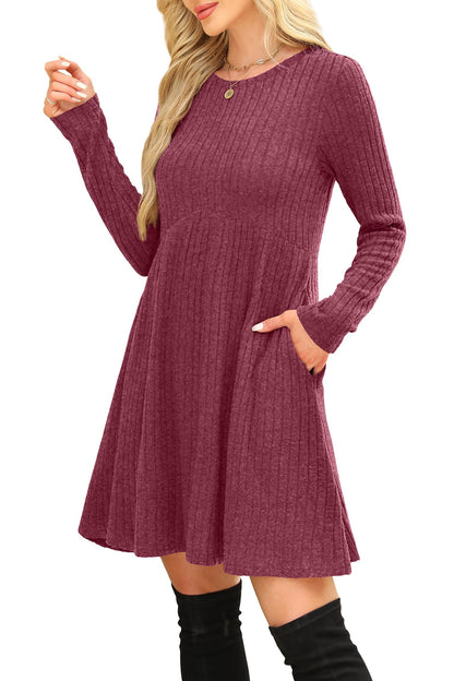 OFEEFAN Long Sleeve Dress for Women Crew Neck Empire Waist Tunic Dress with Pockets