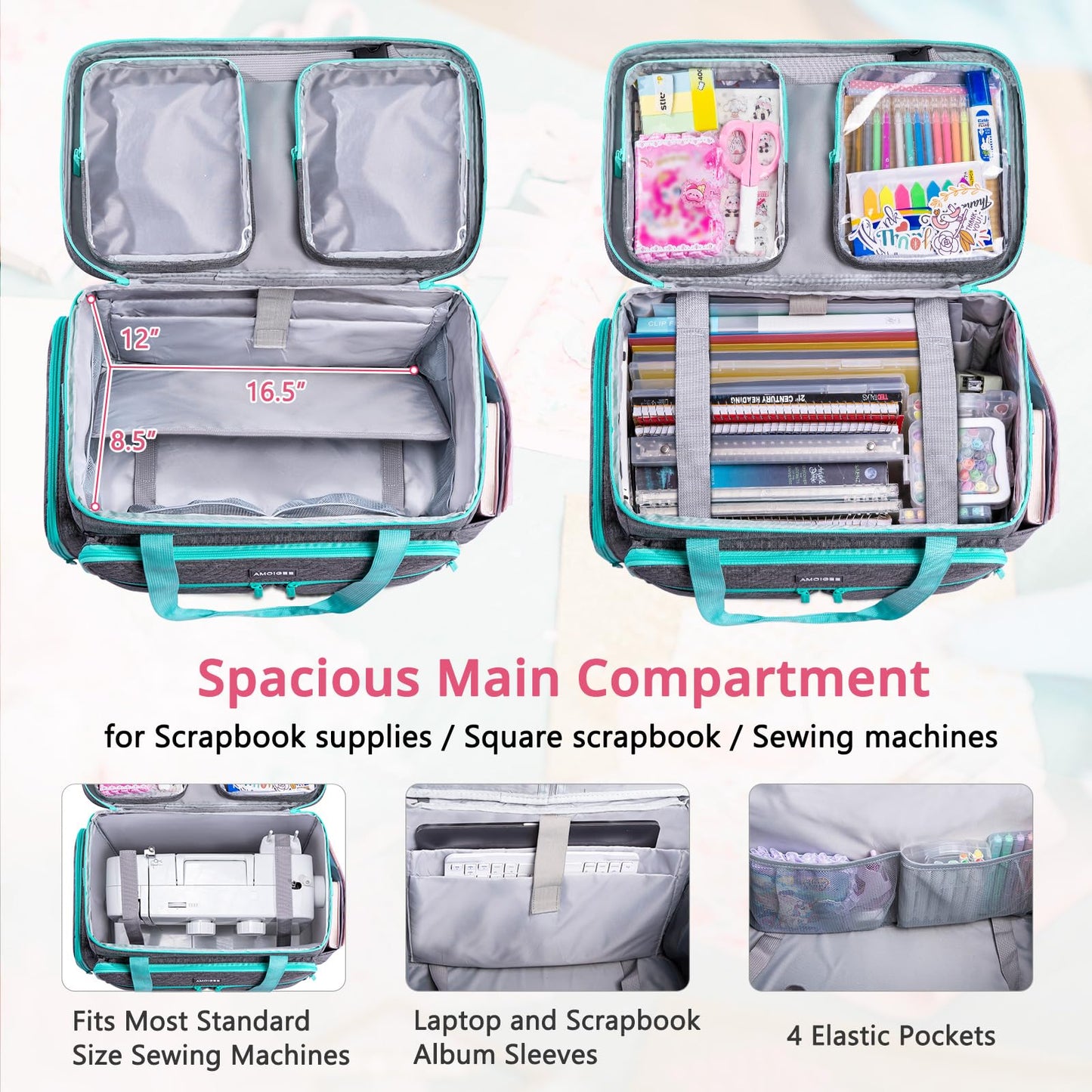 AMOIGEE Rolling Tote Bag with Wheels and Handle, Sewing Machine Case, Craft Organizer Tote for Scrapbooking Storage, Teacher Rolling Bag, Craft Supply Storage, Art Bag, Rolling Cart for Teachers