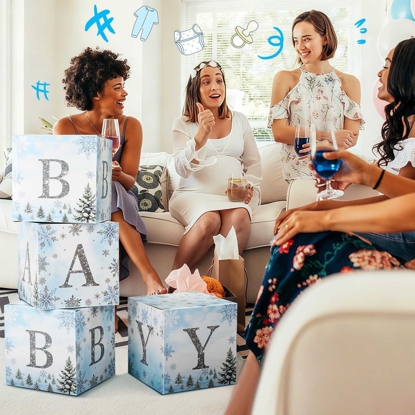 AmazingSpark 4 Pcs Winter Snowflake Blue Baby Shower Decoration Boxes with Letters Winter glitter Snowflake Wonderland Box Block Baby Shower Backdrop Centerpiece for Party