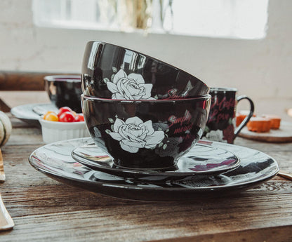 Disney The Nightmare Before Christmas Jack and Sally Roses 16-Piece Ceramic Dinnerware Set | Includes Salad Plates, Bowls, Mugs