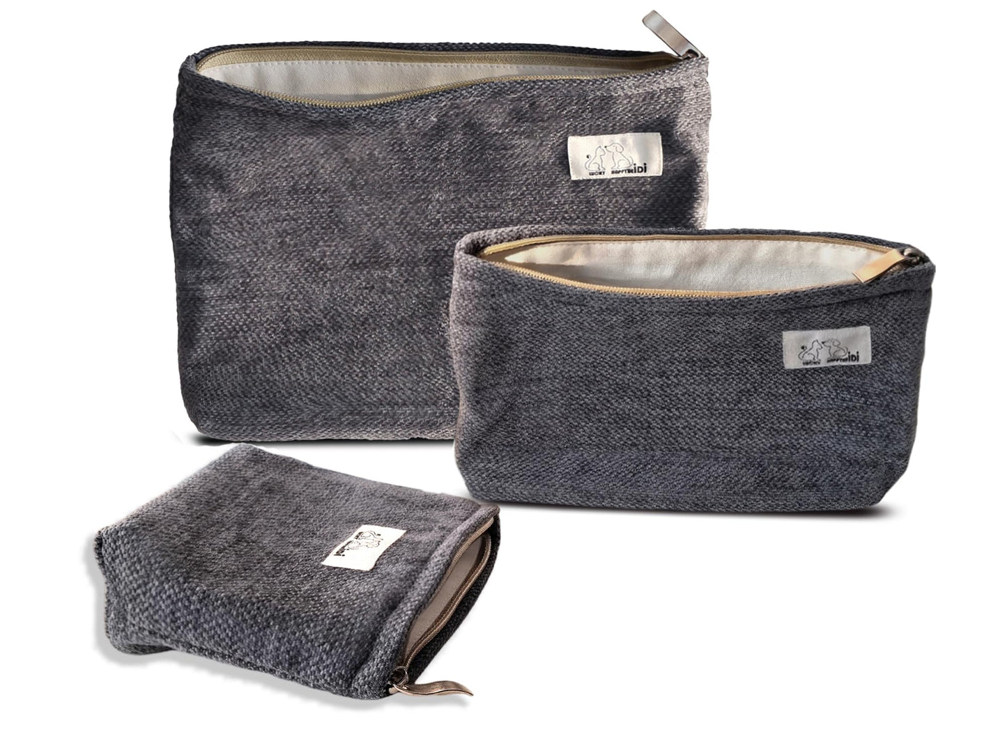 HAPPYHEIDI Gray Velvet Corduroy Makeup Bag Set 3 with Compartment Women Girls Cosmetic Toiletry Pouch,Travel Accessory Organizer, 3-Size, Canvas Lined