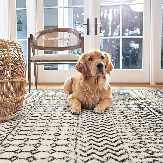 Moroccan Large Area Rug 5x7, Washable Non-Slip Black Distressed Tribal Living Room Rug, Soft Low-Pile Dining Room Rug Traditional Farmhouse Carpet for Bedroom Dorm Office Home Decor