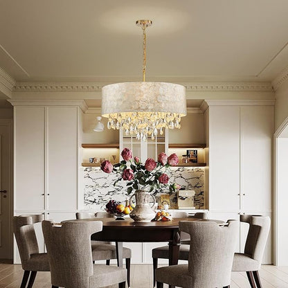 6-Lights Drum Capiz Shell Crystal Chandeliers, Coastal Style Pendant Light Fixture for Dining Room, Living Room, D24 x H23~71 inch(Adjustable), Shell Lampshade & Gold Finish
