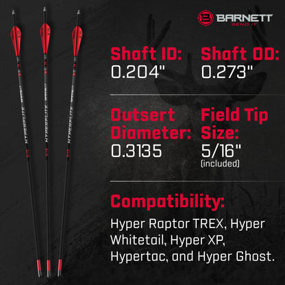 Barnett 22" Hyperflite Crossbow Arrows, Precision Hunting Bolts for Barnett Hyper Series Crossbows, with Red & White Heat Vanes, 3-Pack