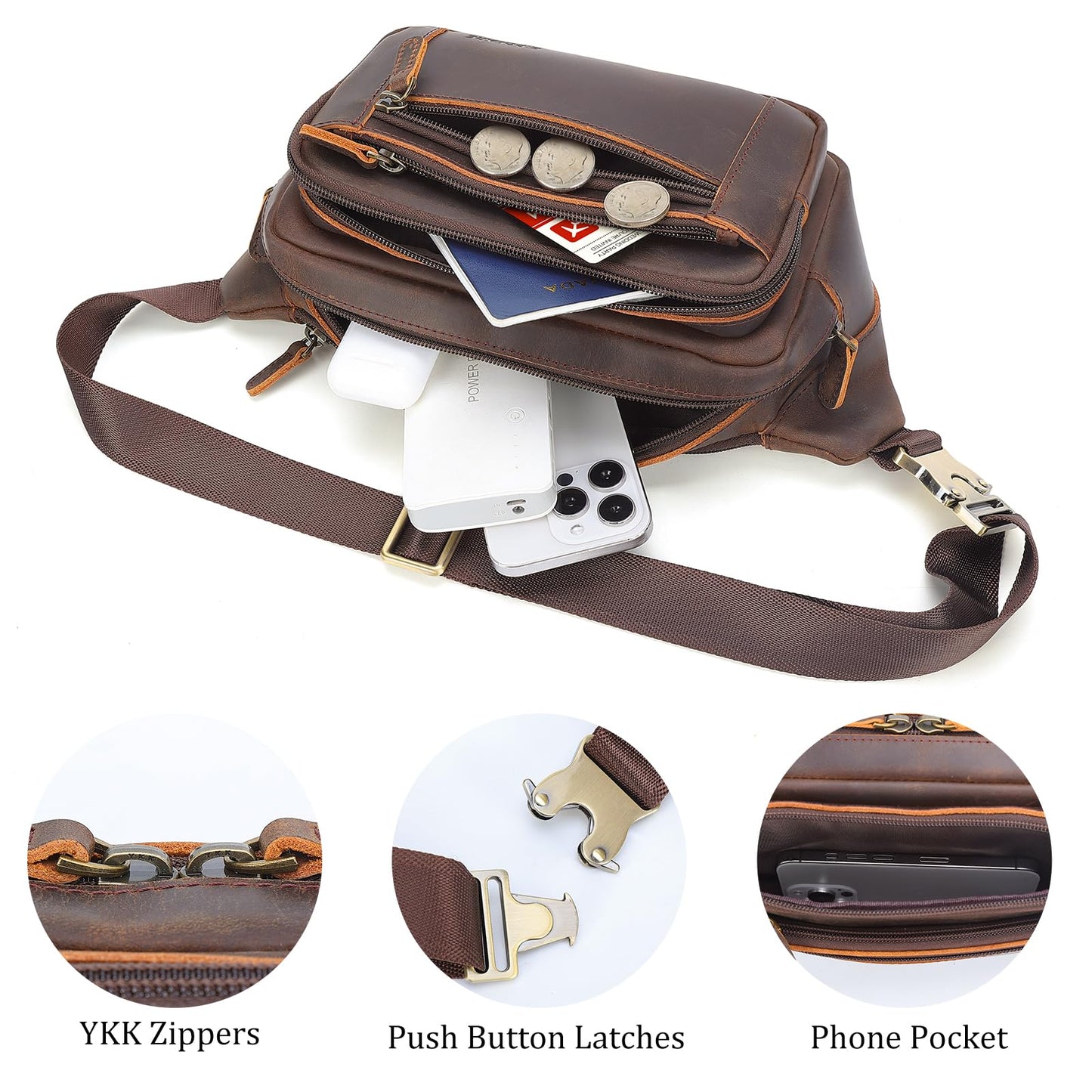 Polare Full Grain Leather Fanny Pack/Waist Belt Bag for Men and Women Large Capacity Crossbody Organizer For Travel Outdoor Sports Hiking Cycling Running