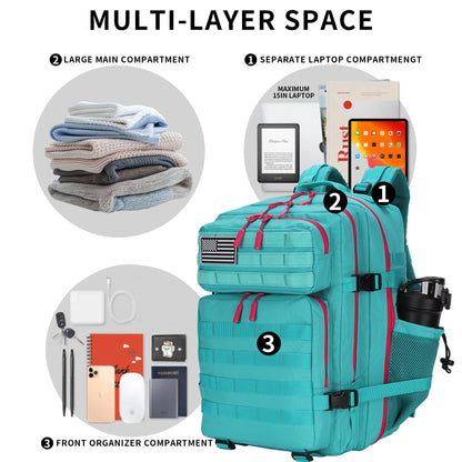 Lovelinks21 25L Tactical Military Backpack Small Travel Rucksack for Men and Women Assault Pack Bug Out Bag Molle Daypack Gym Backpack with Bottle Holder (Neon Teal)