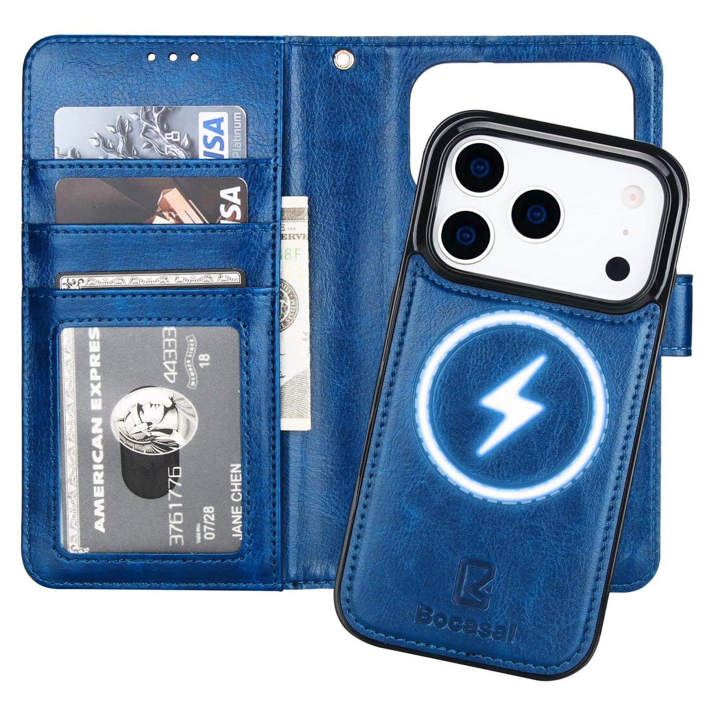 Bocasal for iPhone 17 Pro Wallet Case Compatible with MagSafe Wireless Charging, RFID Blocking Magnetic Leather Case with Card Slots Holder Kickstand Detachable Wrist Strap 6.3 Inch (Blue)