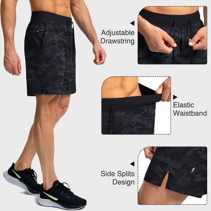 Soothfeel Men's Running Shorts with Zipper Pockets 7 Inch Lightweight Quick Dry Gym Athletic Workout Shorts for Men (Grey Camo, 3XL)