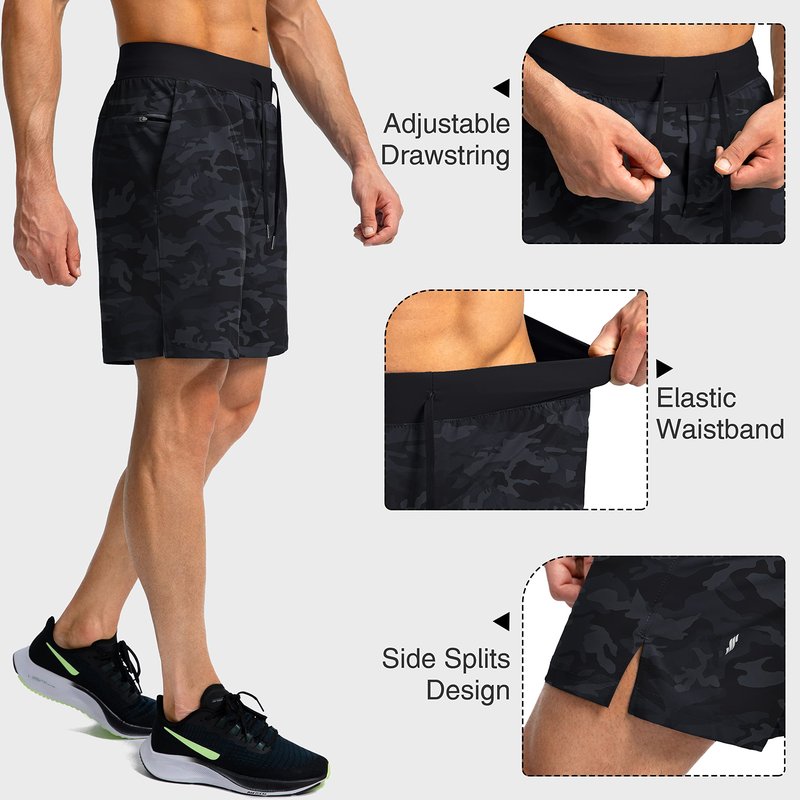 Soothfeel Men's Running Shorts with Zipper Pockets 7 Inch Lightweight Quick Dry Gym Athletic Workout Shorts for Men (Grey Camo, M)
