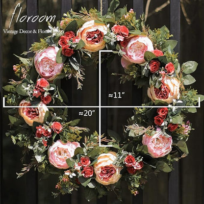 Floroom Floral Wreath, 20" Artificial Pink Peony Wreath for Front Door Decorations Wall Decor