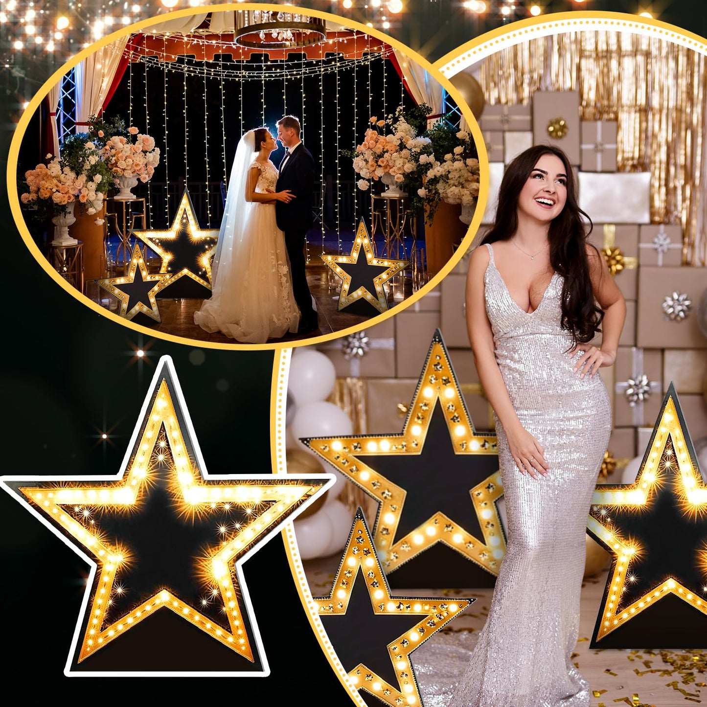 Leinuosen 3 Pcs 25.8"-31.5" Star Starry Night Movie Night Party Decorations Under The Stars Cardboard Cutout Stand-up Prom Award Homecoming Wedding Birthday Party Photo Prop Backdrop Decor