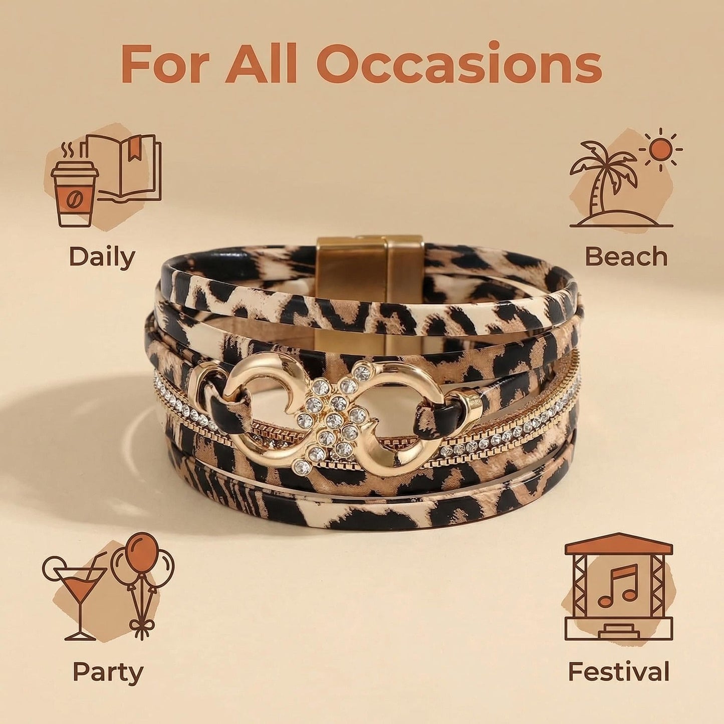 Hopeicy Leopard Bracelet for Women, Boho Leopard Print Wrap Bracelet with Rhinestone Gold Buckle, Magnetic Clasp Layered Leather Cuff Bracelet, Cheetah Print Jewelry Fashion Accessories Gift for Women